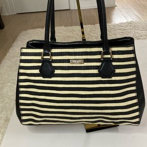 Kate Spade Black and Cream Stripes Fabric with Leather Trim Bag